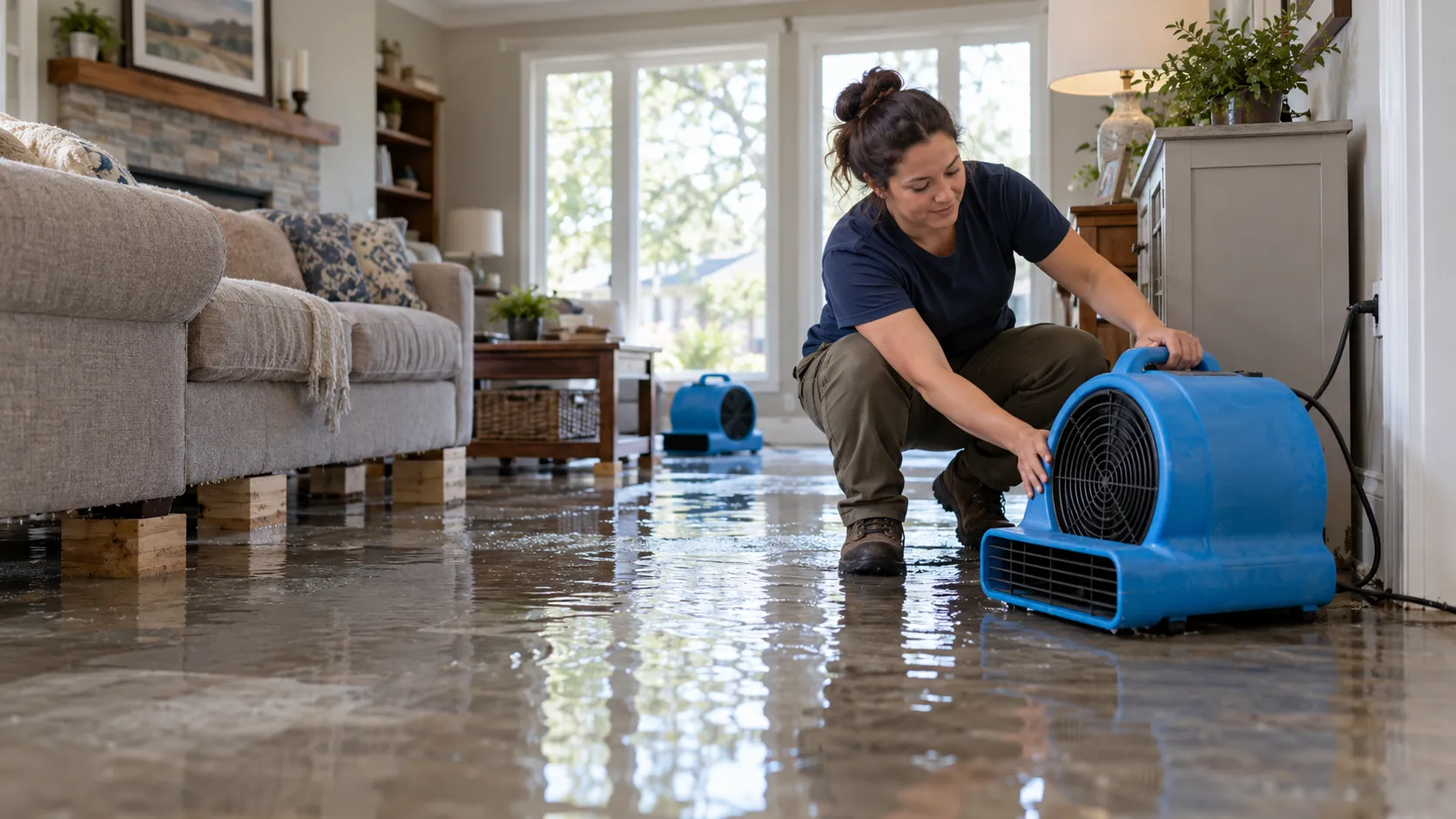 Water damage restoration technician drying a flooded living room in Charlotte
